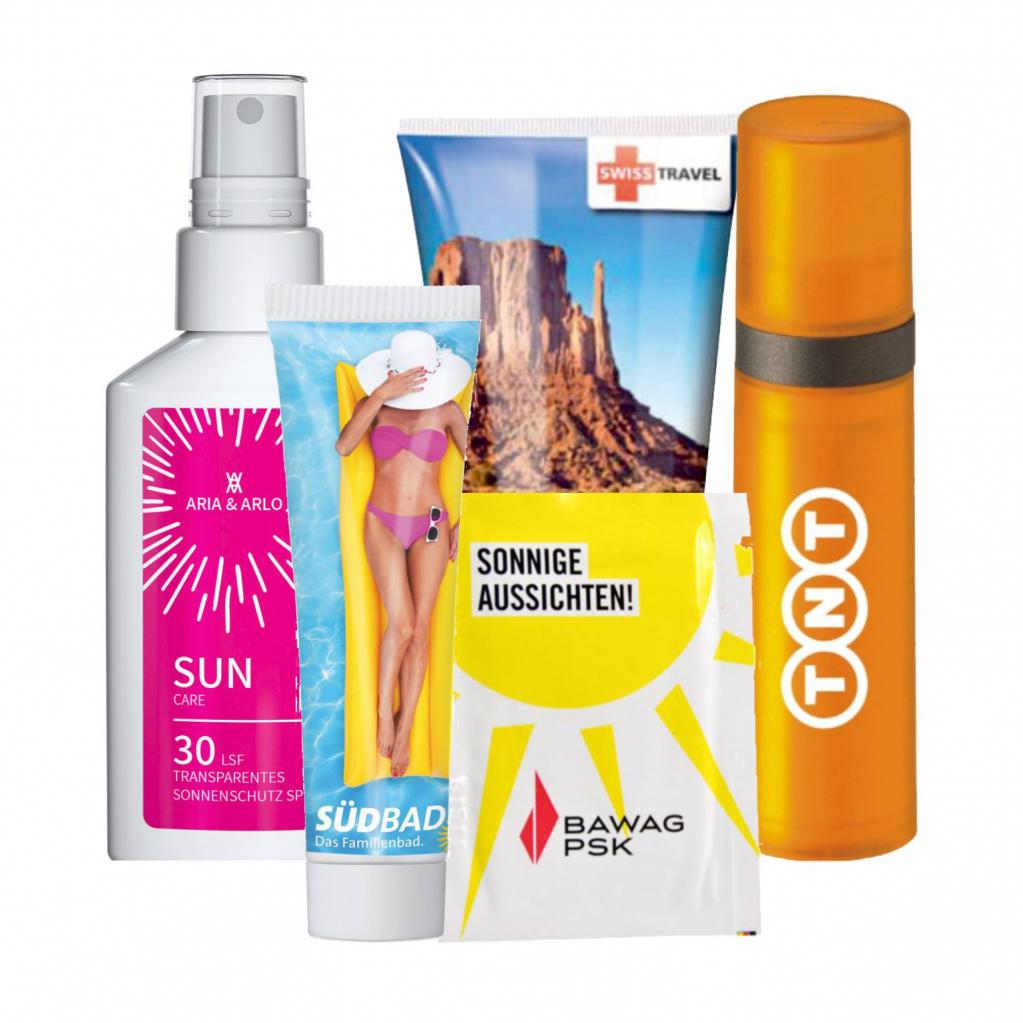 promotional sun spray, lotion, cream and sachets printed with your company logo